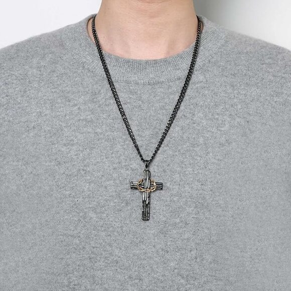 Men's Black Stainless Steel Cross Necklace with Crown of Thorns - Picture 5 of 5